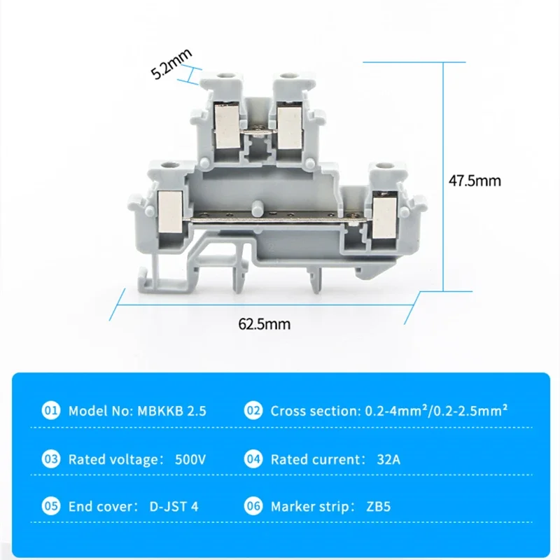 50Pcs MBKKB-2.5 Din Rail Terminal Block Double Layer 24-12AWG 2.5mm Screw Connection Electrical Wire Conductors MBKKB2.5