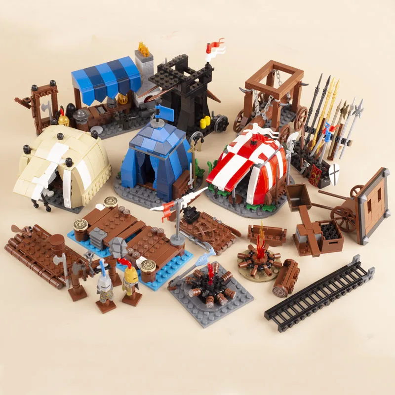 MOC Military Medieval Castle Building Block Viking Soldiers Roma Knight Figures Weapon Parts Mini Siege Bridge Bricks Model Toys