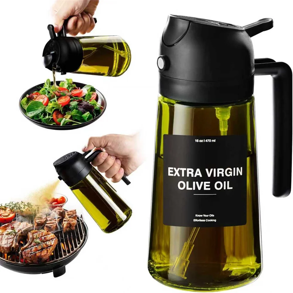 470 ml oliespuit voor koken, 2-in-1 olijfoliedispenser en oliespuitfles, oliespray met stickers, dikke glazen spuitfles - afbeelding 1