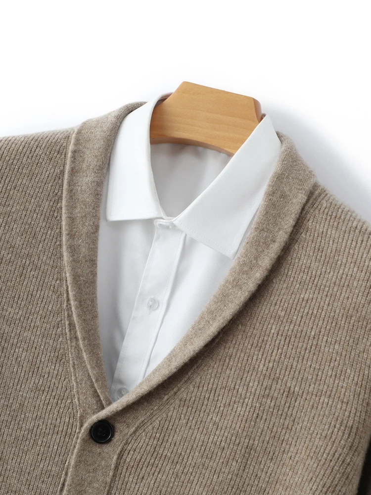 Luxury Men's 100% Merino Wool Sweater V-neck Thick Knit Warm Cardigan Autumn Winter Cashmere Solid Color Clothing with Pockets