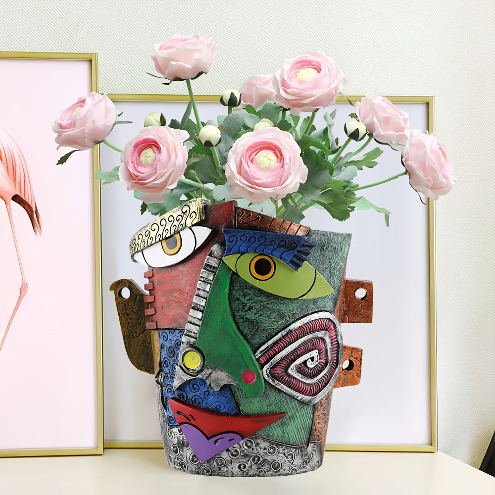 Resin Abstract Face Colored Flower Pot Unique Indoor Outdoor Garden Decor Artistic Flower Pot Drainage Holes Irregular Shape