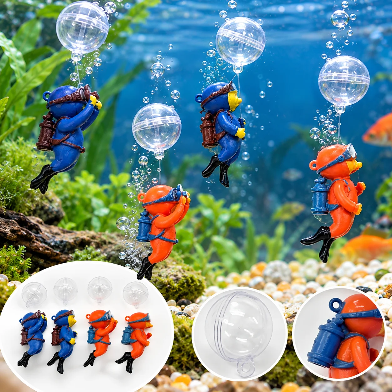 Floating Scuba Diver Aquarium Decoration Cartoon Diver Fish Tank Ornament with Floating Ball Underwater Landscape Aquatic Decor