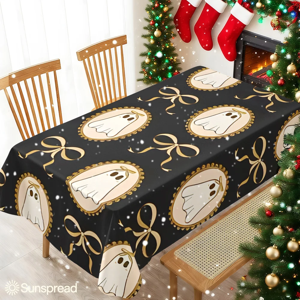 Cute Ghost Golden Bow Black Table Cloth Waterproof Tablecloth Spill Proof Table Cloth, Wipe Clean Table Cloth for Dining Camping
