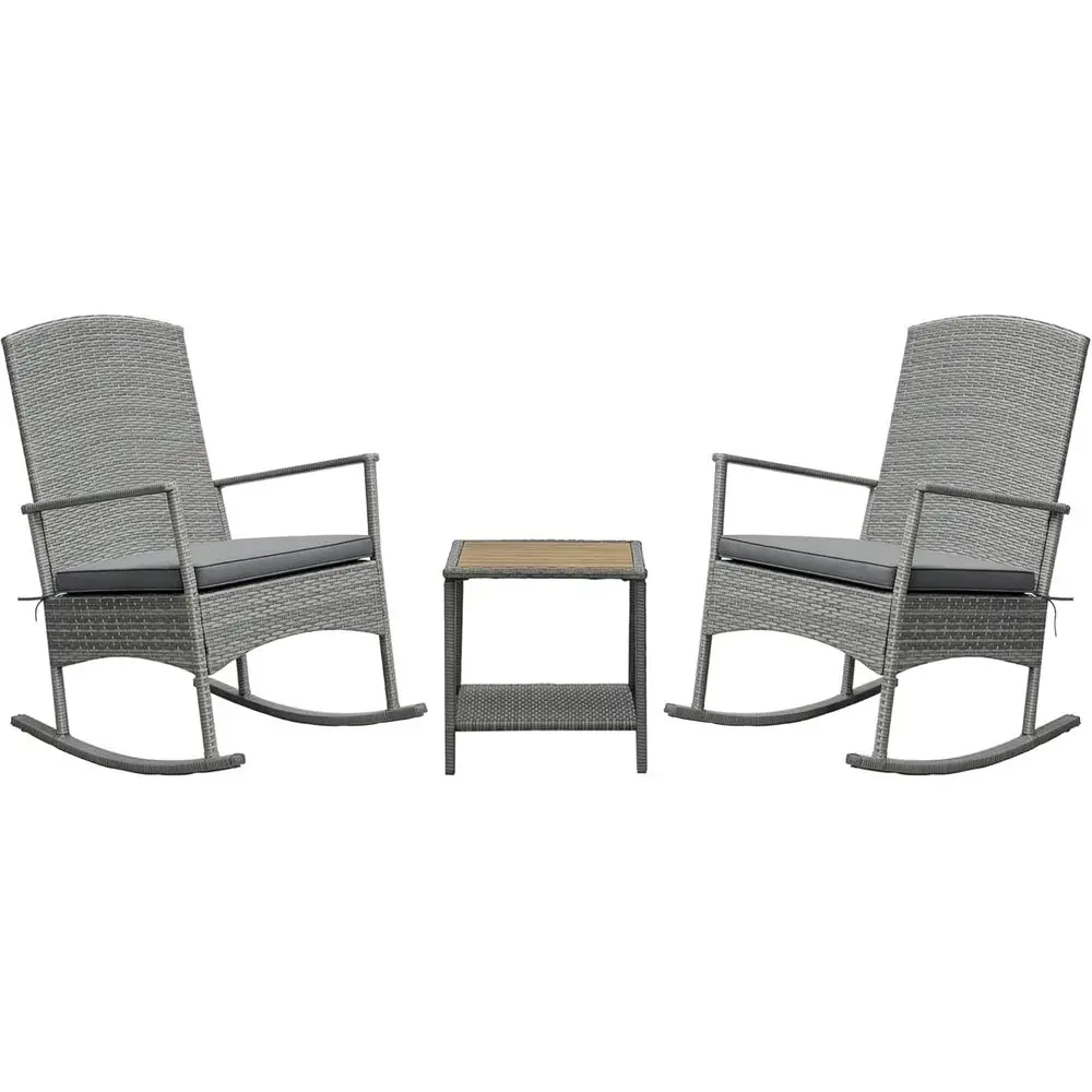 3-Piece Patio Rocking Chair Set with Cushions and 2-Tier Wood Slat Coffee Table, Gray Wicker Furniture