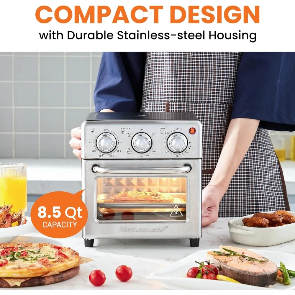 8,5 cuartos. Horno freidora de aire de capacidad, tostadas, hornear y asar con controles de convección, tiempo y temperatura, 800 vatios, acero inoxidable