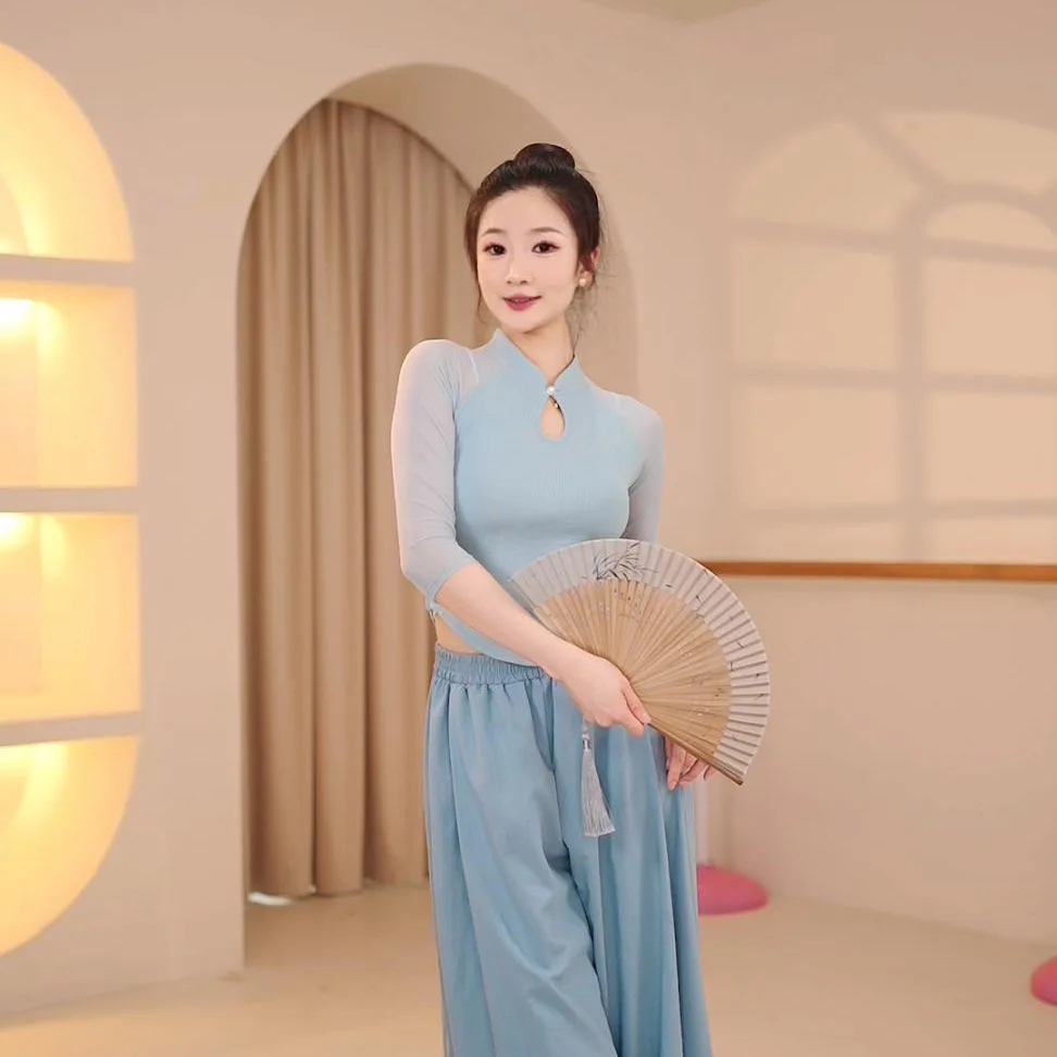 Classical dance clothes women's splicing yarn sleeves spring and summer new slim-fit tops Chinese dance retro practice