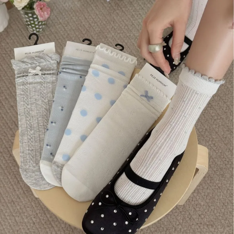 Women Ruffle Cotton Socks Hollow Out Bow Polka Dot Breathable Mid Calf Stackable Socks Match Mary Jane Flats Cute Aesthetic Sock
