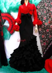 Red Black Mermaid Evening Occasion Dresses with Long Sleeve 2023 Falda de Flamenca Spanish Dancing Ruffles Tiered Prom Gowns