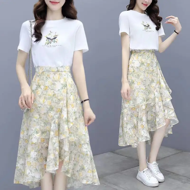 Fashion Printing Irregular Chiffon Skirt Women Summer Thin Slim Elegant Casual Loose All-match Fresh Women's Clothing Skirt