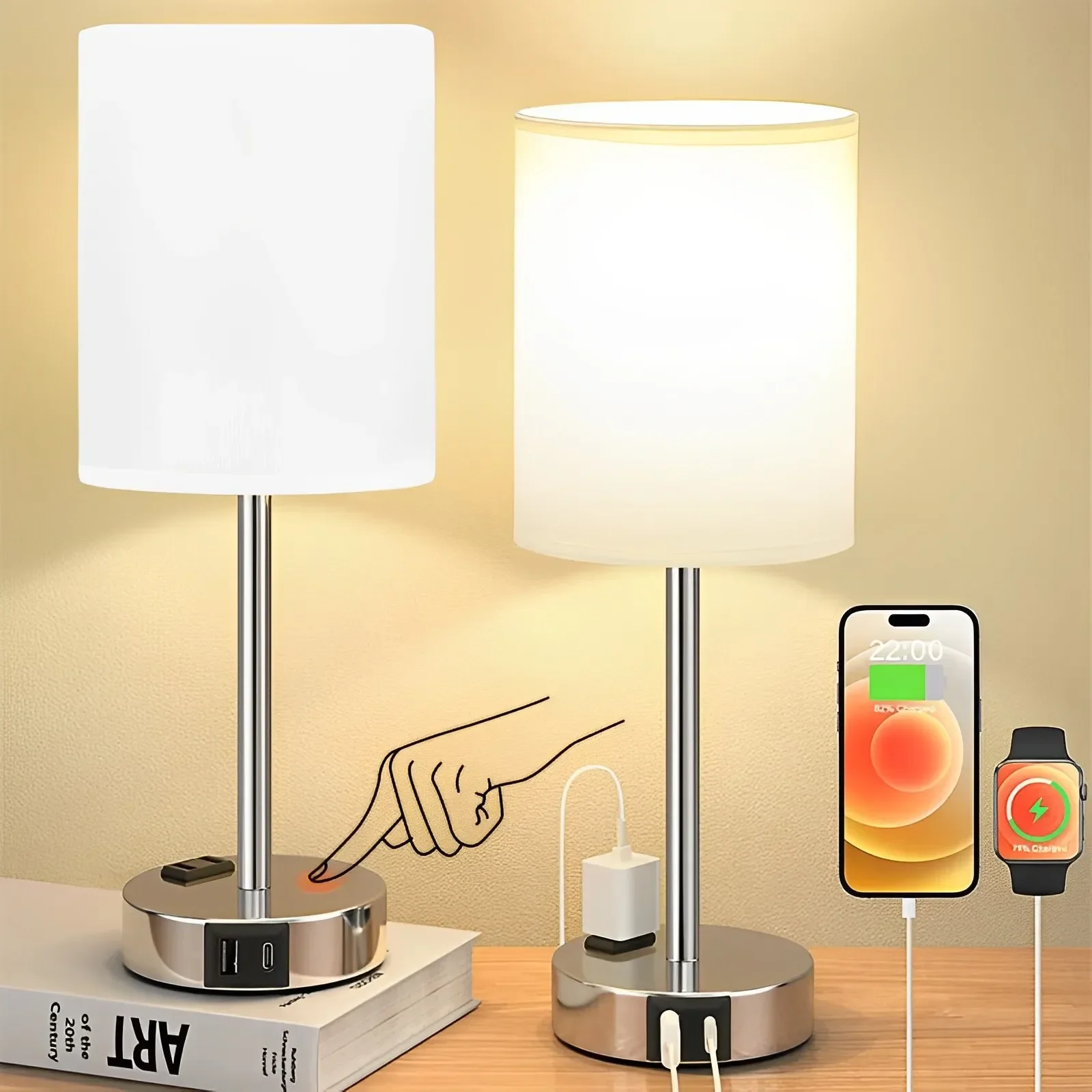 

Dimmable Touch Table Lamp with USB C Port and AC Outlet for Bedside Living Room Guest Room