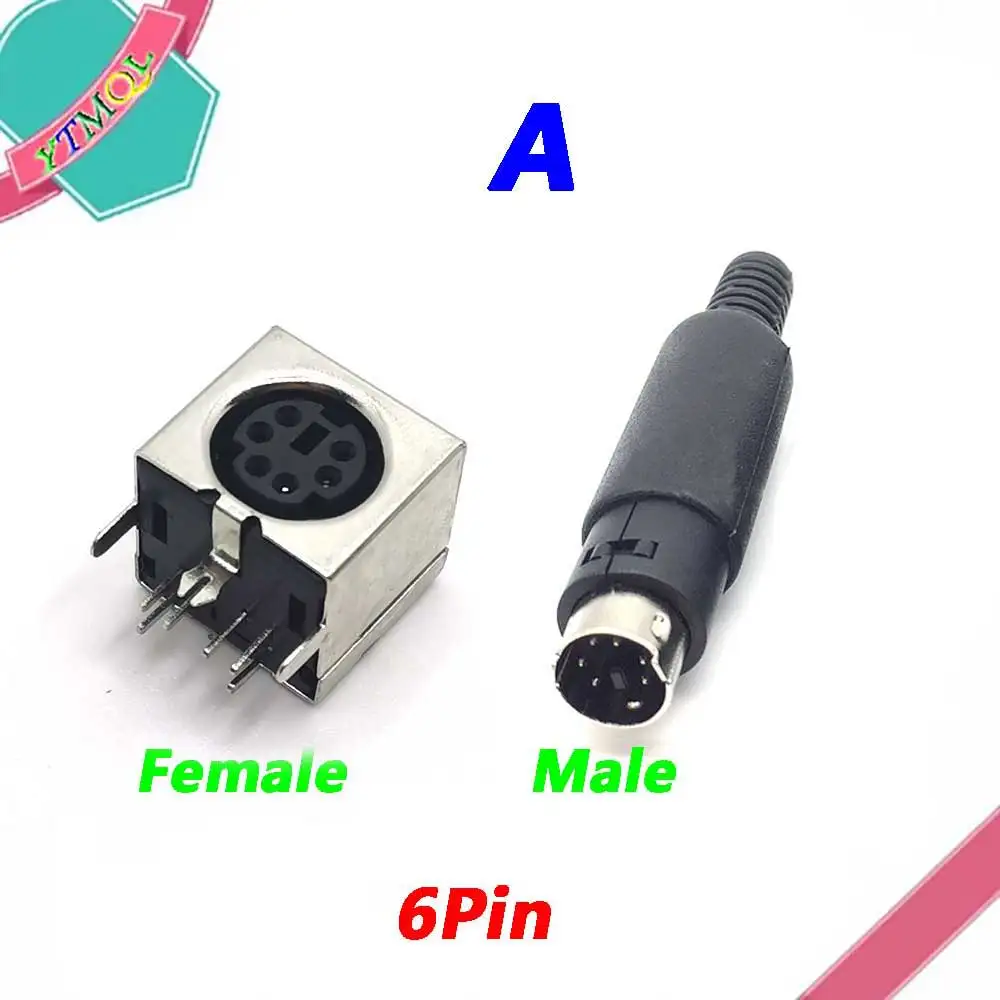 1-10sets Mini Din 6Pin Female+Male Din Sockets MD-SM Shield Right Angle Through Holes PCB Circular Receptacle Connector