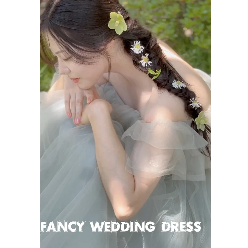 Fancy Korea Garden Wedding Dress Photo Shoot Off Shoulder Light Green Bridal Gown A Line Soft Tulle 웨딩드레스  customized