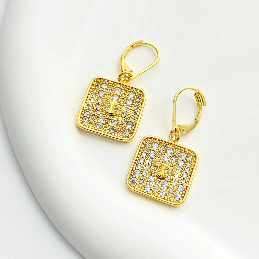 

Designer Inspired Luxury Gold Square Dangle Earrings with Crystal Studded Monogram Pendant Fashion Accessories for Women