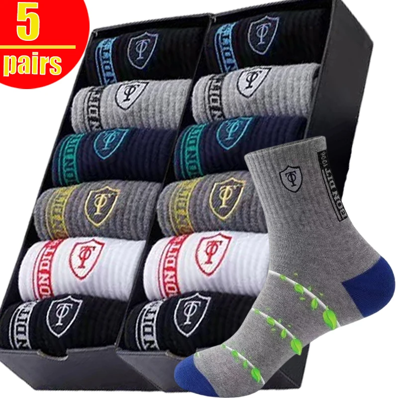 5pairs Bamboo Fiber Socks Breathable Cotton Winter Warm Letter Sports Sock Breathable Deodorant Men\'s Business Socks 37-45 Sox