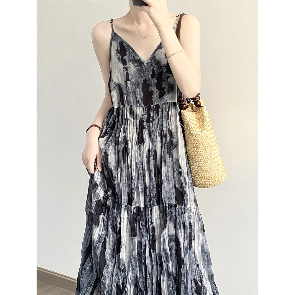 

Women Clothing Ink Print Slip Dress 2024 Summer New Fashionable Casual Simple Temperament Long Pleated Slip Casual Dress