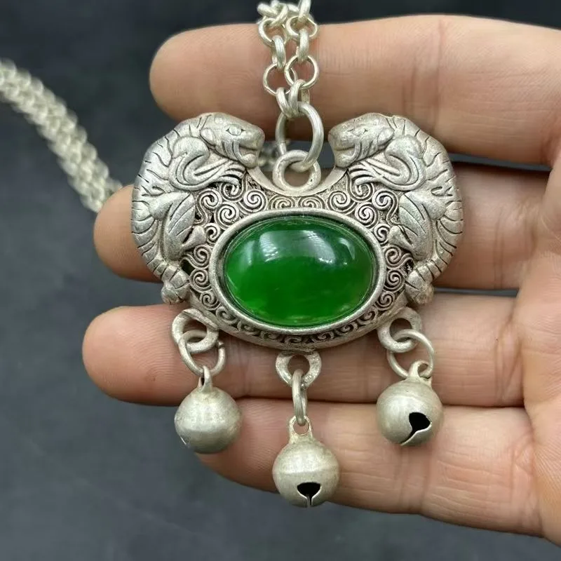 Pendant Set Ingot Blessing Lock Pixiu Green Bead Retro Ethnic Sweater Necklace Jewelry
