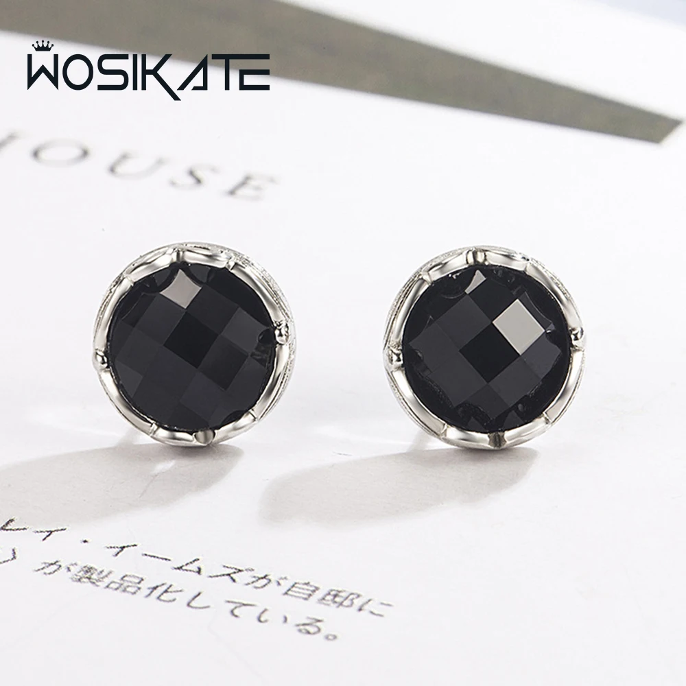 WOSIKATE Korean Simple Round Black Stud Earrings For Women Fashion Jewelry Niche Design 925 Silver Plated Geometric Earrings