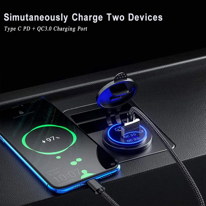 5X PD Type C USB Car Charger And QC 3.0 Quick Charger 12V Power Outlet Socket With ON/Off Switch Blue