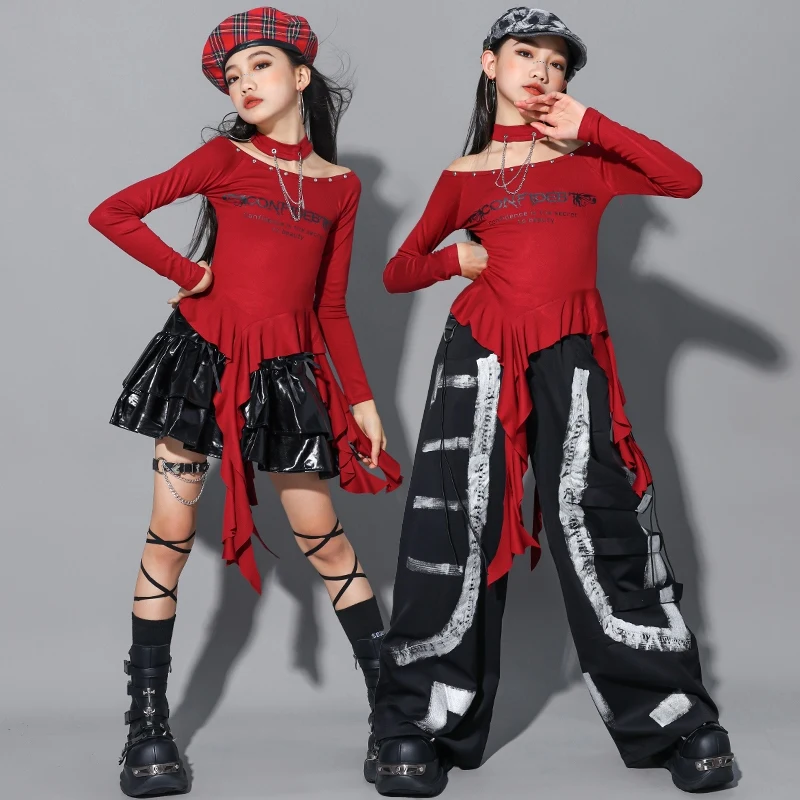 Meisjes Jazzdans Kostuum Onregelmatige Rode Tops Zwarte Broek Hip Hop Kpop Prestaties Kleding Lange Mouwen Straat Kleding BL17100