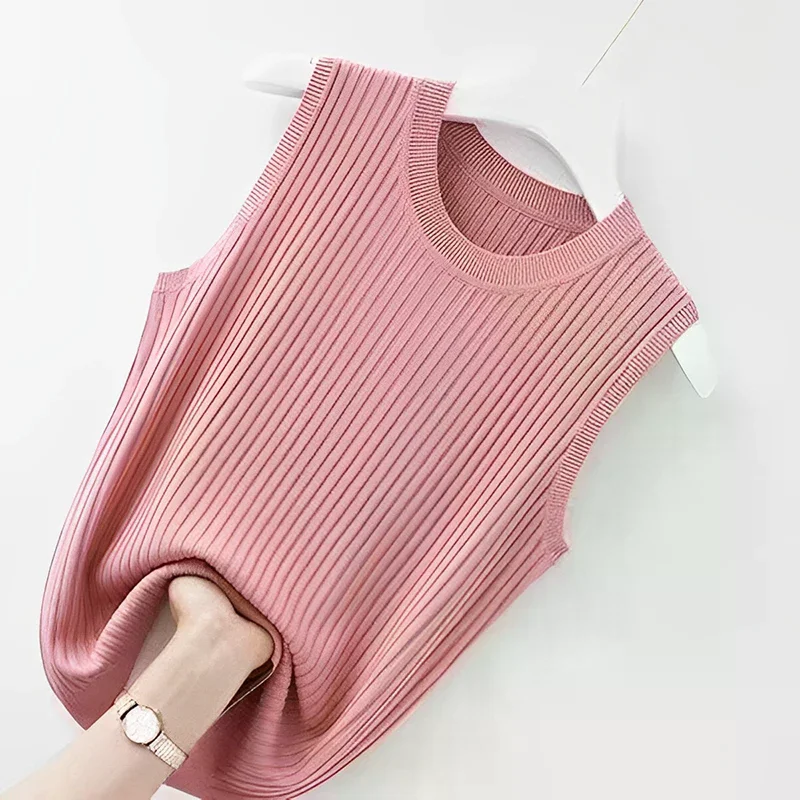 Summer New Fashion Knitted Vests O-neck Sleeveless Casual Thin Tops Sleeveless Blouse Women Shirt