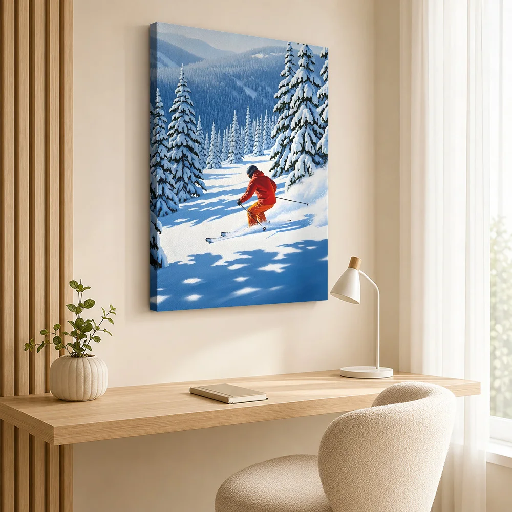 Skier on Snowy Mountain Slope Canvas Poster Customized Photo Travel Landscape Canvas Wall Art for Hotel Living Room Decoration