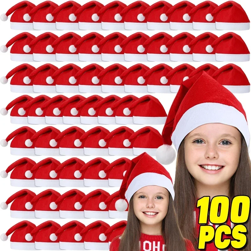 1-100pcs Christmas Hats Adults Kids Non-woven Red Santa Claus Hat Xmas Caps for New Year Party Home Decoration Festival Gifts