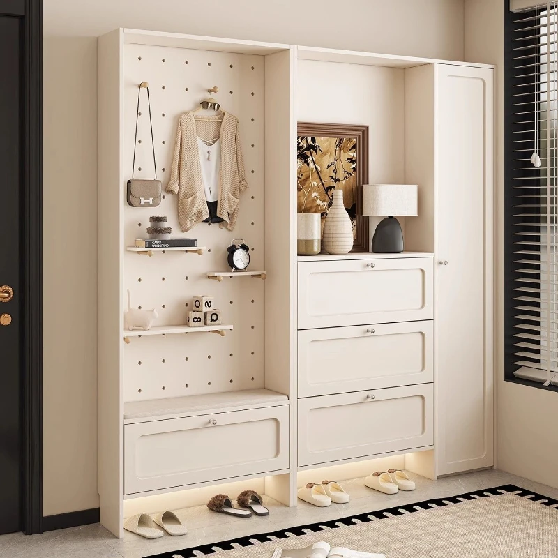 Ultra-thin shoe cabinet and storage cabinet integrated wall-mounted home cream-style storage cabinet with perforated panels for