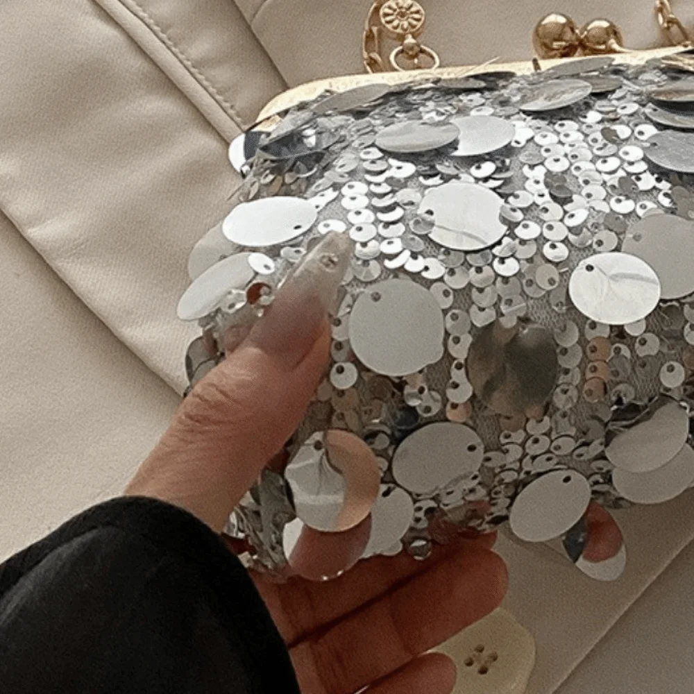 Vintage Sequined Evening Bag Clip Chain Round Handle Shoulder Bag Large Capacity Elegant Shell Handbag Daily Outing