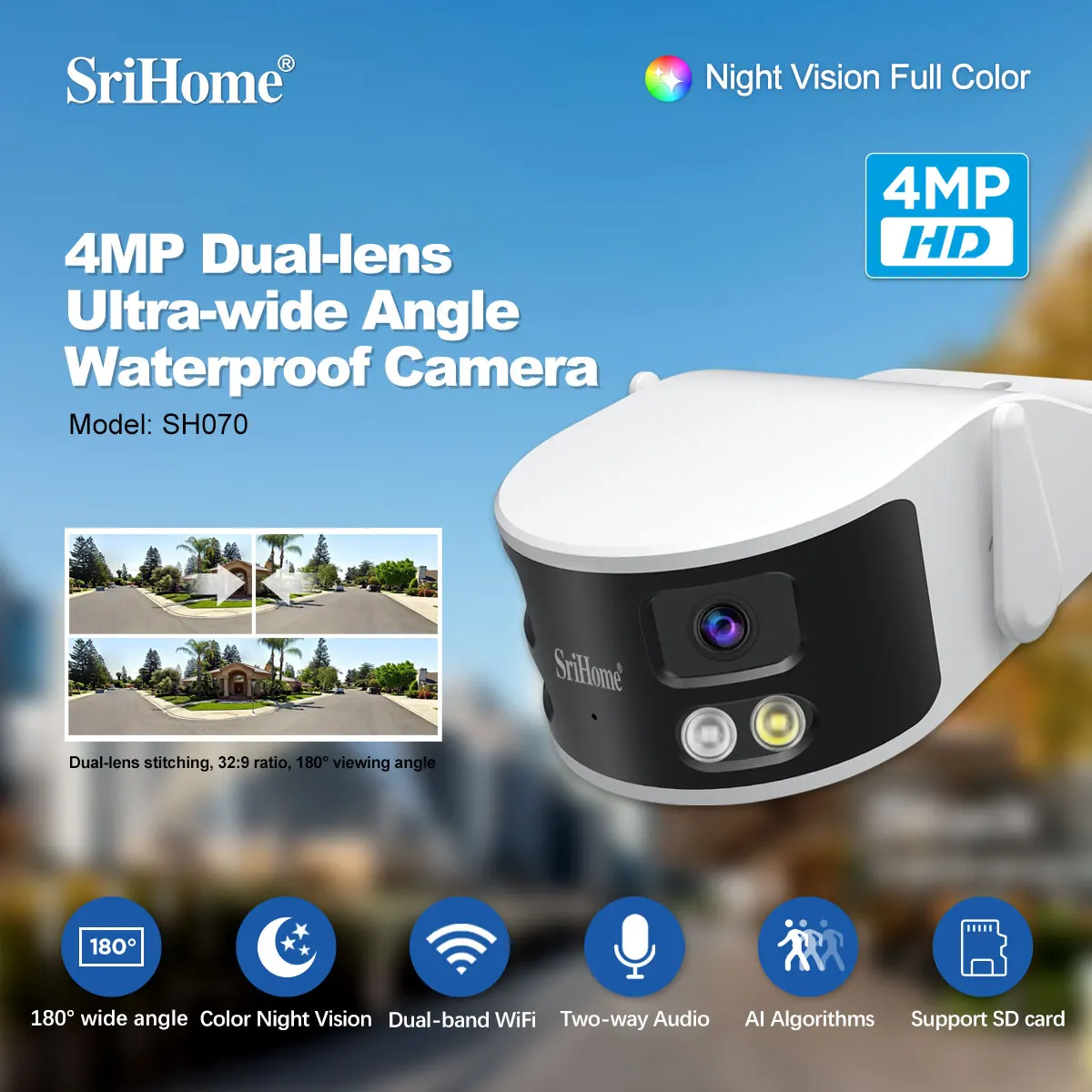 SH070 4MP Srihome APP 4K Dual Lens 180Degree  2.4&5G  IP Dome Camera Full Color AI Humanoid Detection Security CCTV Baby Monitor