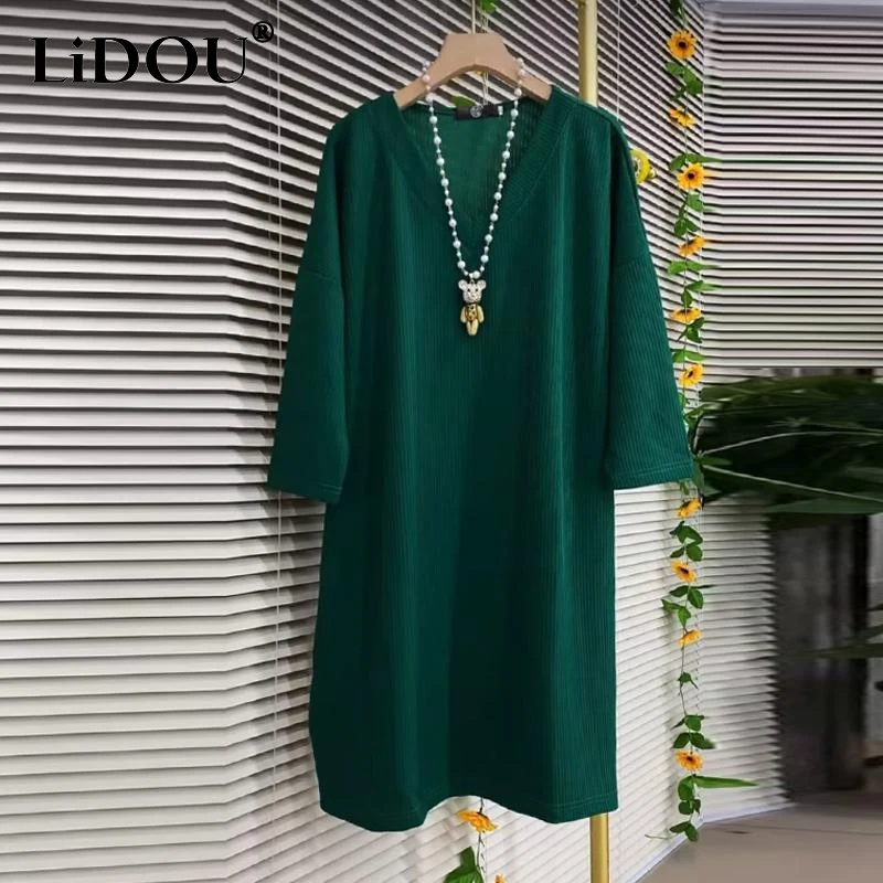 Spring Autumn New Solid Color Fashion Long Sleeve Midi Dress Women High Street Casual Loose All-match Elegant Ladies Dresses