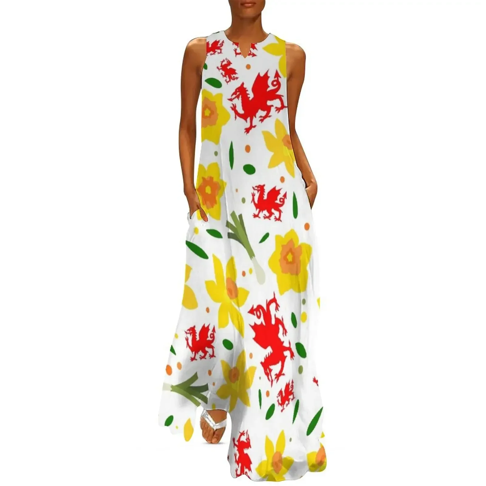 

Wales Floral Pattern - Welsh Dragon, Daffodils and Leek Long Dress beach outfits for women Dress