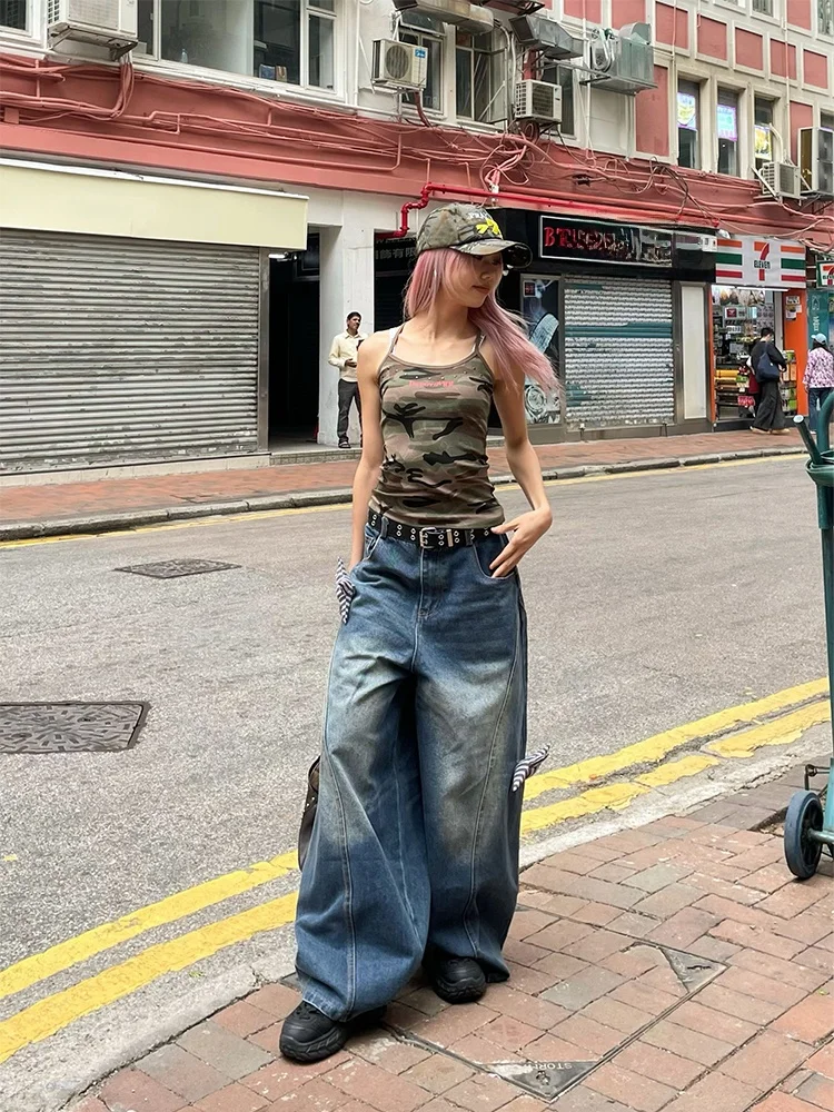 

YAMMYUKI American Retro Star Embroidery Washed Blue Wide Leg Jeans Women's Loose Fit High Waist Long Pants Denim Skinnies