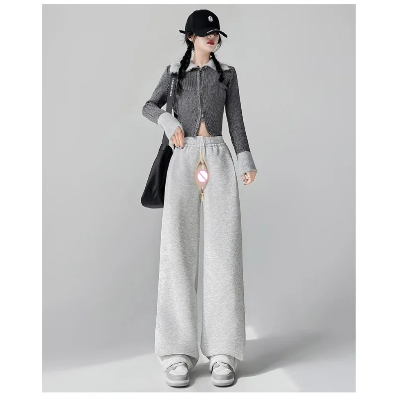 Pantalones con entrepierna abierta para mujer con cremallera, forro de franela para exteriores, novedad de invierno, pantalones para correr de lana gruesa, informales, pequeños y anchos