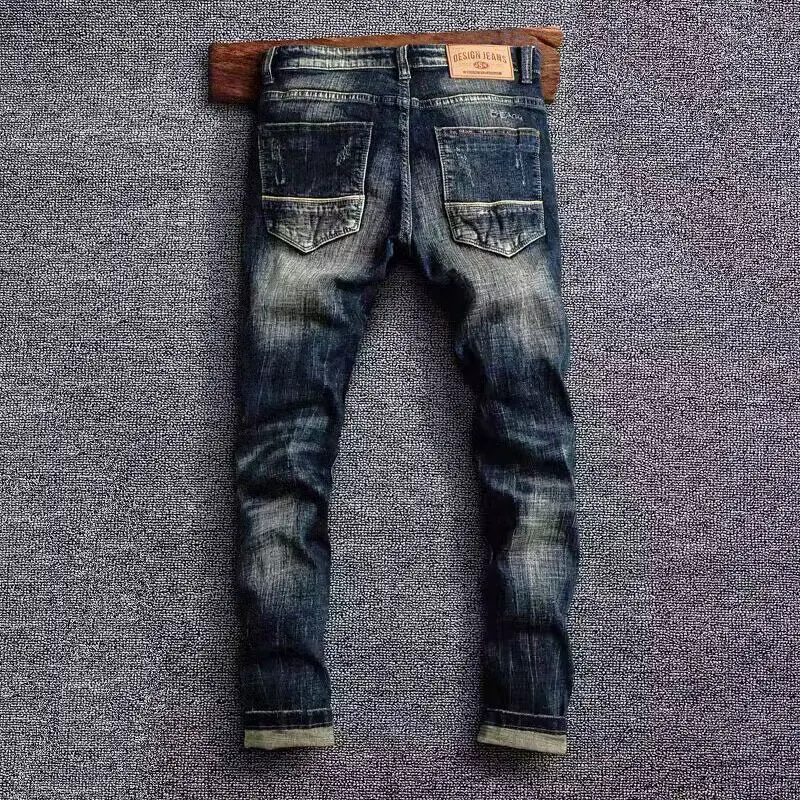 Fashion Streetwear Men Jeans Retro Black Blue Elastic Slim Fit Ripped Jeans Men Embroidery Designer Vintage Casual Denim Pants
