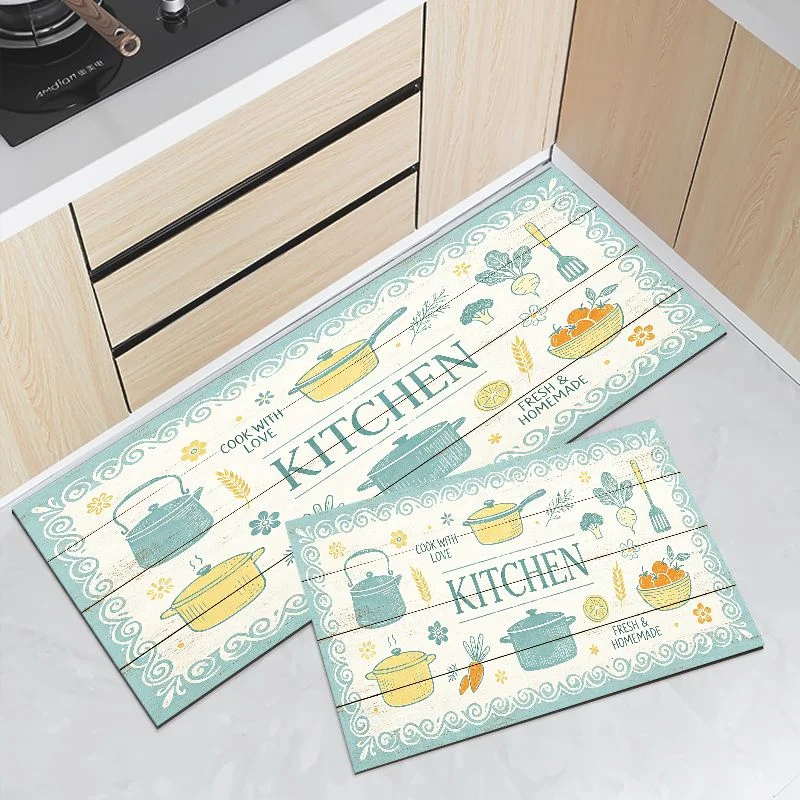 VIKAMA Light Blue Vintage Floral Border Kitchen Mat Set Non Slip Waterproof Runner Rug Cook With Love Farmhouse Decor Carpet