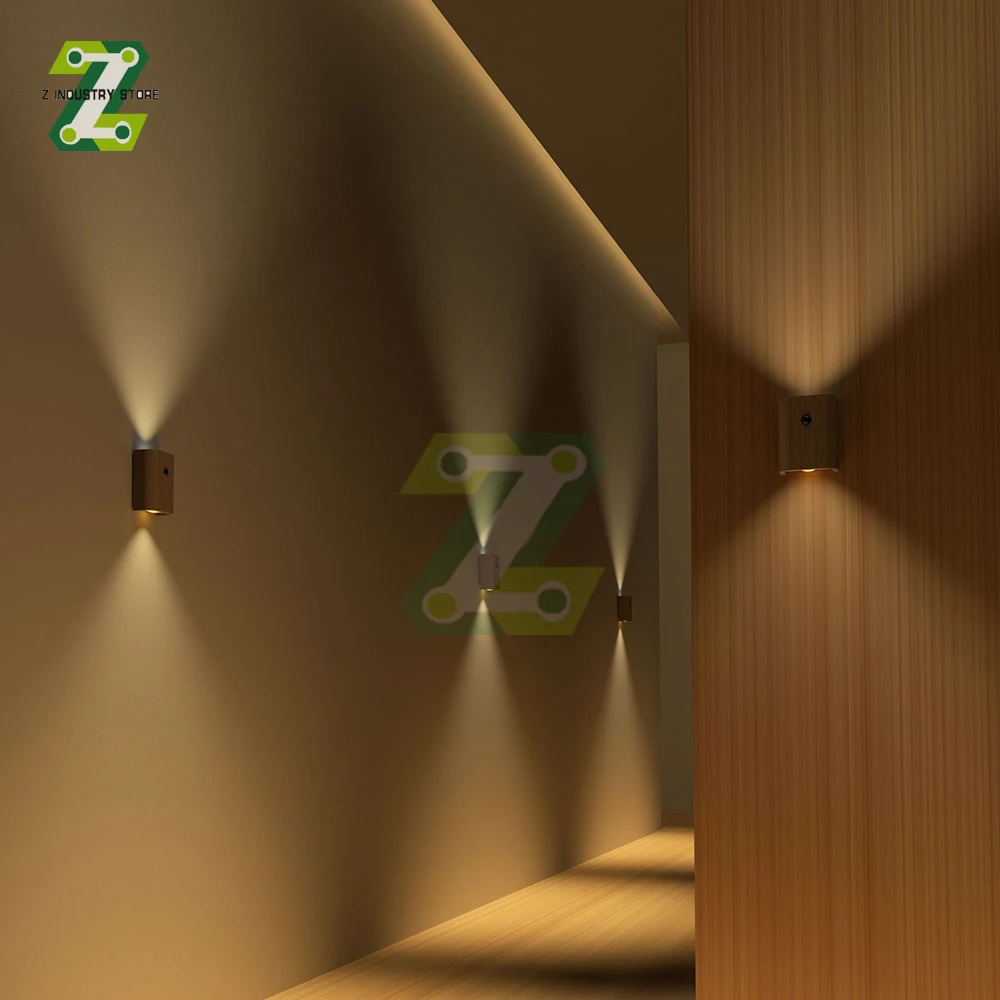 Linkage in Legno Sensore di Movimento Luci Notturne USB Ricaricabile Senza Fili LED Lampada da Parete a Induzione Camera da Letto Corridoio Cucina Luce Scale