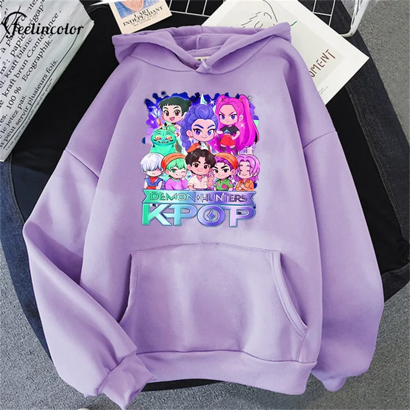 Kpop Demon Hunters Pattern Hoodie Oversized Loose Lavender Huntrix Pullover Casual Fashion Streetwear Harajuku Unisex Clothing