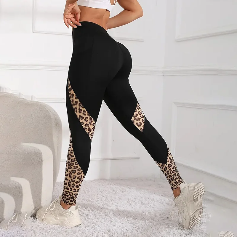 Yoga Pants Printed Leopard Splicing High Waisted Sexy Running Pants Women Lift Hip Sweat Bottom Pants