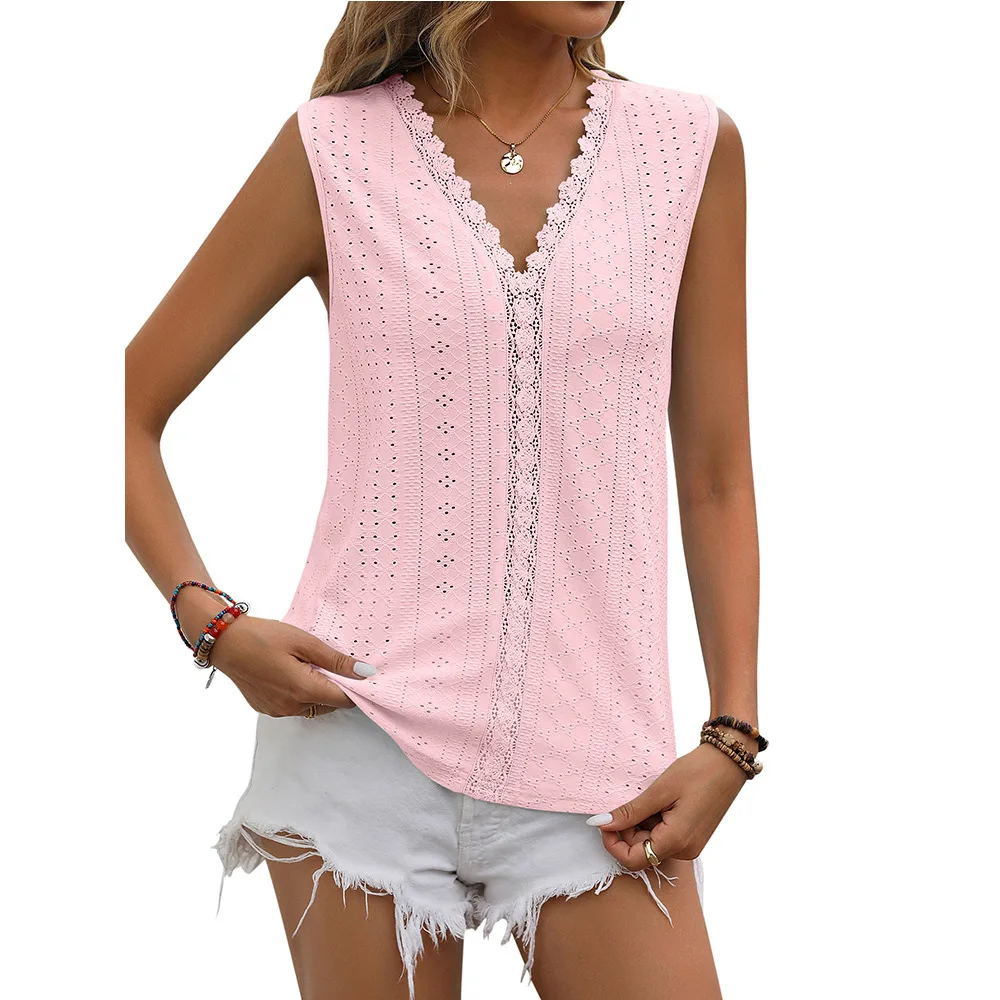 

Summer New Women's Solid Color Hole Lace V-neck Sleeveless Small Tank Top