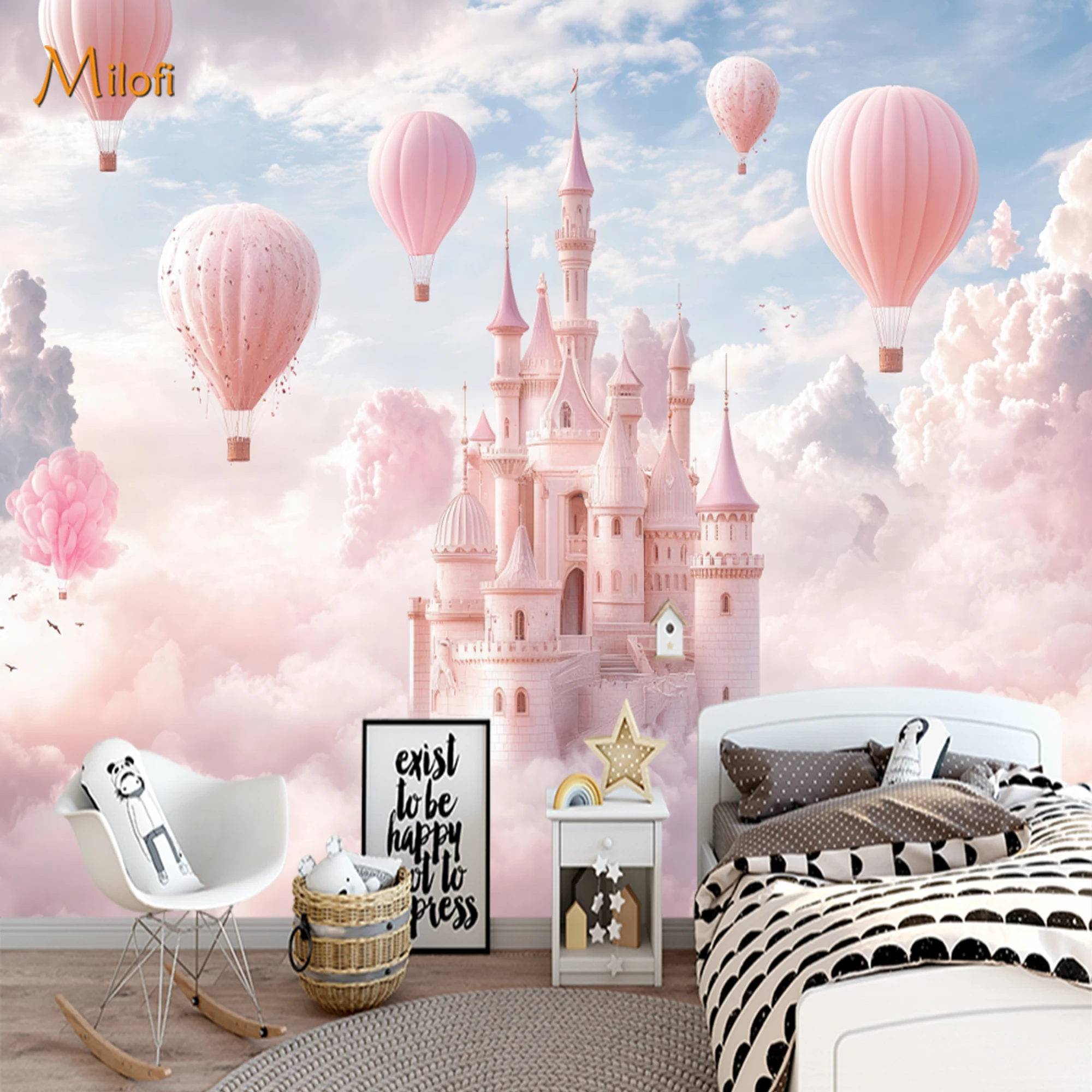 Custom Mural Wallpaper Girls Pink Peel And Stick Wall Princess Castle Hot Air Balloon Cloud Sky For Nursery Bedroom Home Decor