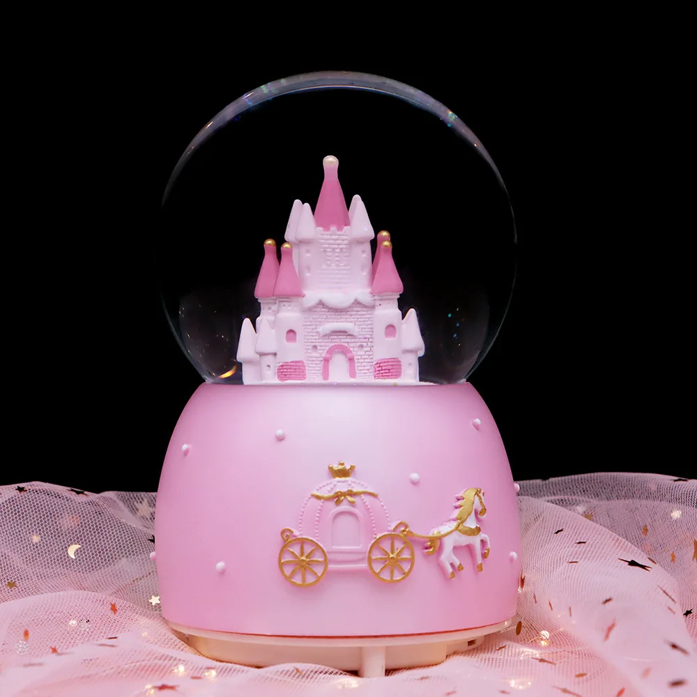 Pink Girl Heart 3D Castle Crystal Ball Music Box Colorful Light Snowflake Princess Girl Dream Birthday Party Valentine's Gift