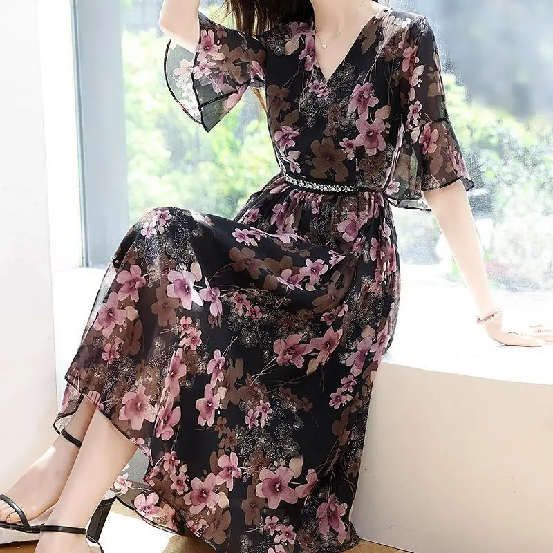 السيدات الخامس الرقبة الأزهار الشيفون فساتين قصيرة الأكمام الصيف مزاجه مشد ميدي اللباس الكورية الطباعة جيب فستان زهري المرأة #1