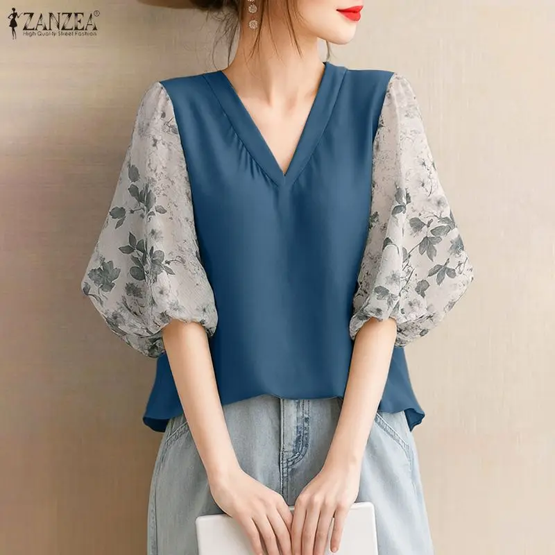 Vrouwen Zomer Patchwork Blouse 2025, ZANZEA Elegant Office Shirt Stijlvol Casual V-hals 3/4 Mouw Tuniek Tops Vrouwelijke OL Werk Blusas