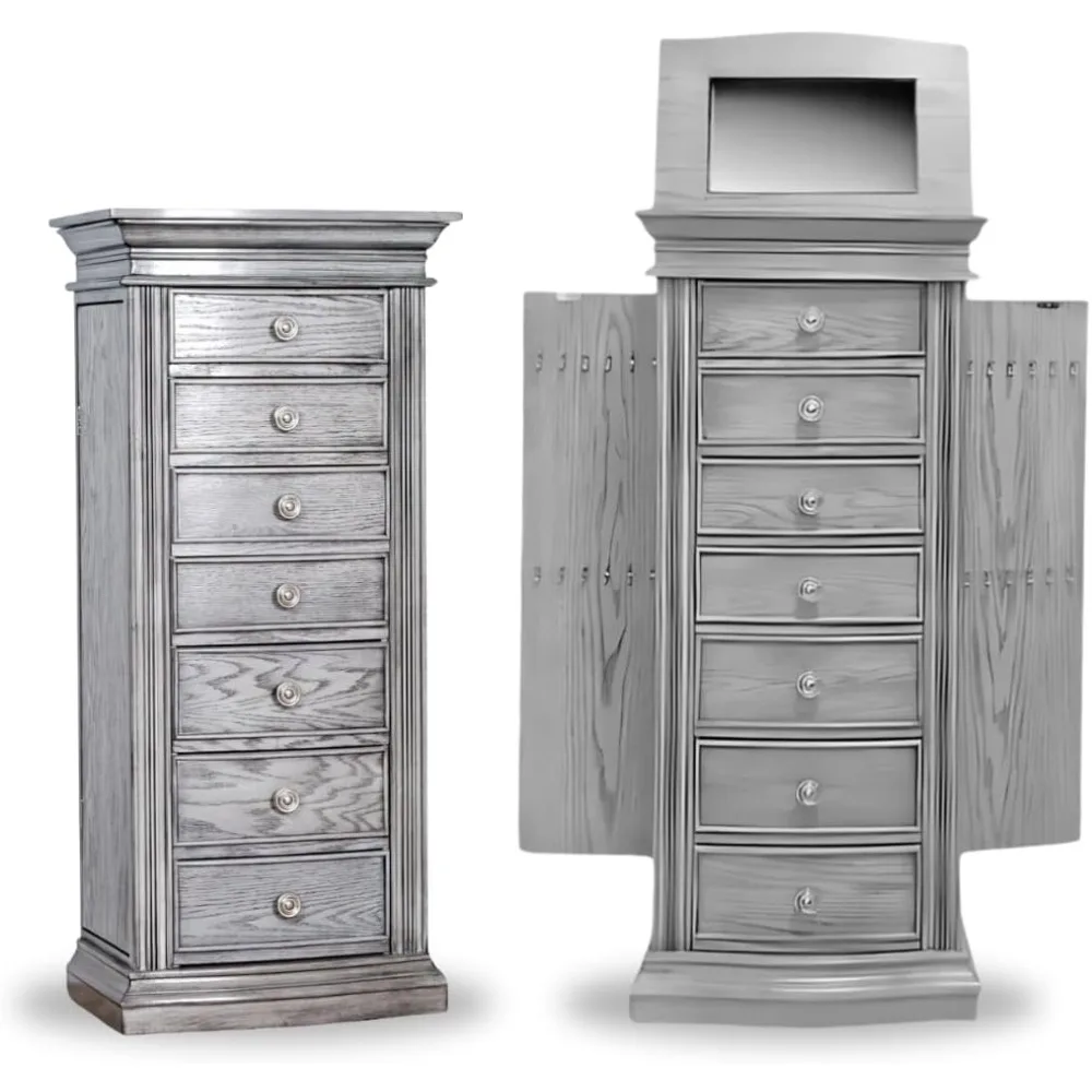 خزانة المجوهرات الدائمة - منظم خشبي كبير بـ 7 أدراج مع مرآة وأبواب جانبية ومضاد للتشويه - HOME #1