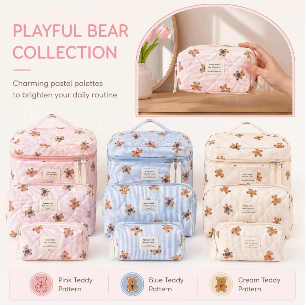 3PCS Multi-Layer Quilted Cotton Makeup Bag Large Capacity Soft Toiletry Pouch Portable Zipper Cartoon Cosmetic Organizer