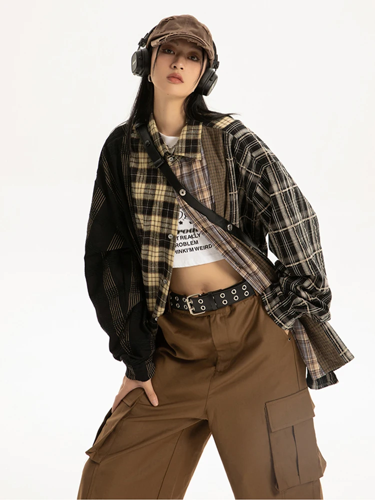 2023 Women New Vintage Plaid Turn-down Collar Over-shirt Long Sleeve Y2D Harajuku Streetwear Loose Patchwork  Blouses