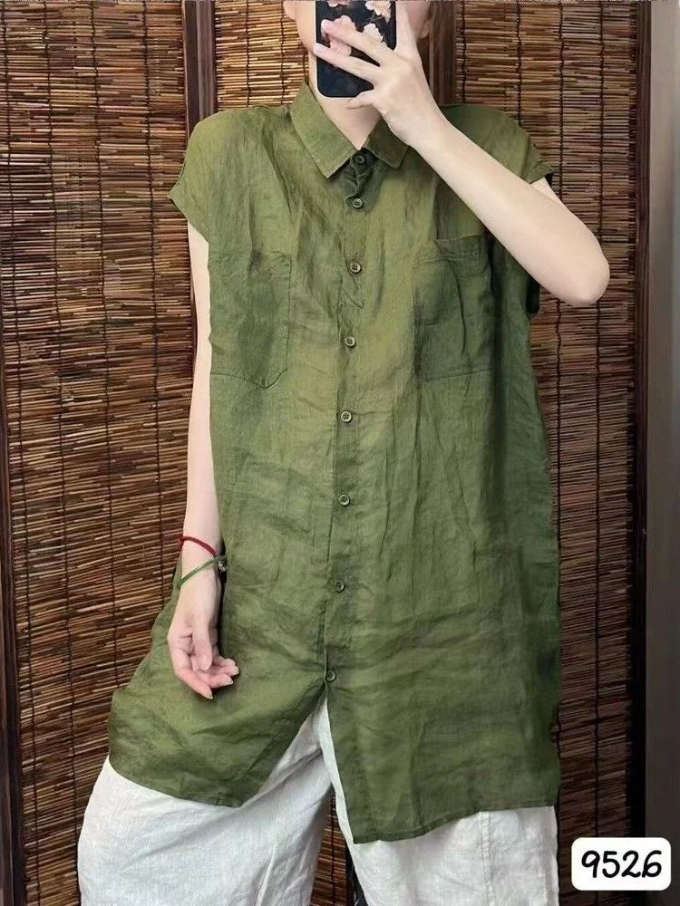 

Slimming Casual Linen Shirt Women's Loose Fit Short Sleeve Thin Style Mid-Length Casual Shirt Breathable Comfortable Summer N...