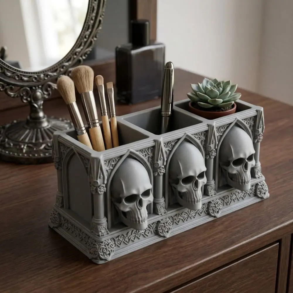 3D Printed Halloween Skull Pen Holder Spooky Gothic Style Skeleton Flower Planter Pot Raised Relief 3-Slot