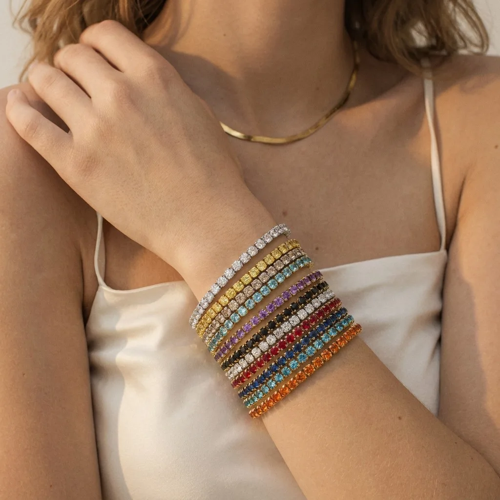 Trendy Stackable 18K Gold Plated Stainless Steel Colorful Single Row Zircon Stretch Bracelet Waterproof Hypoallergenic Jewelry