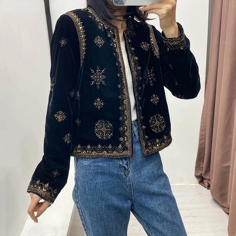 Women\'s Replica Ethnic Style Heavy Industrial Embroidered Sequin Decorated Jacket Velvet Short Cardigan Autumn and Winter Women